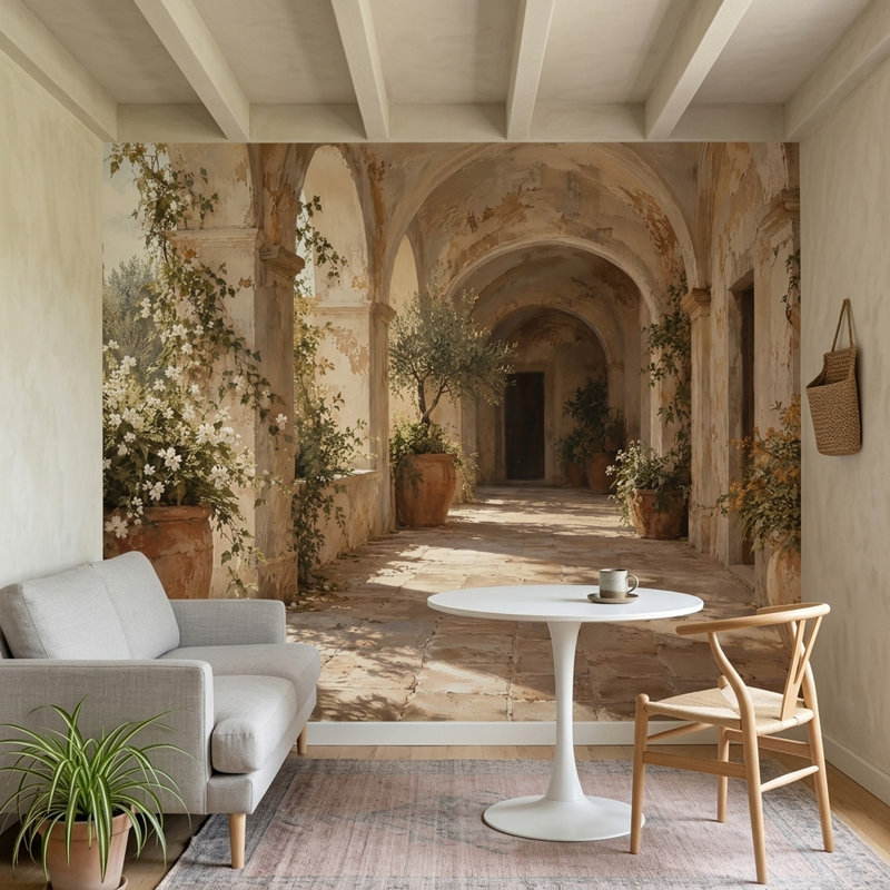 Panneau mural méditerranéen Stone Archway, 200 po x 120 po, Peler et coller