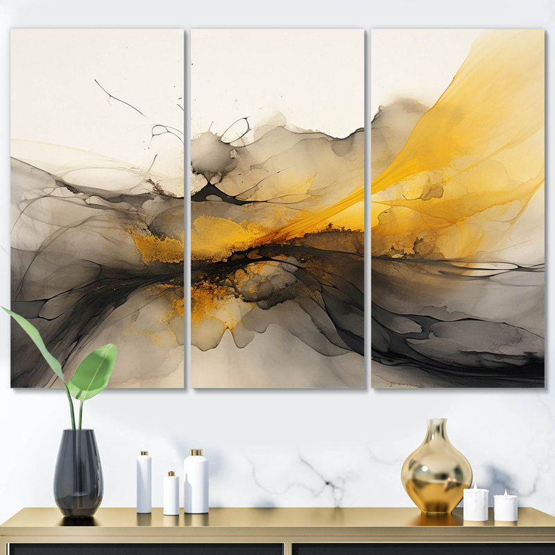 Paysages de rêves vagues rétro jaune noir I - impression sur toile tendue 3 pièces, H 40 po x l 60 po x P 1 po
