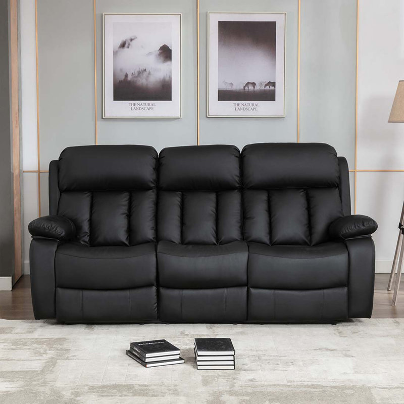 Deneka 3 Seater Linen Reclining Sofa, Black