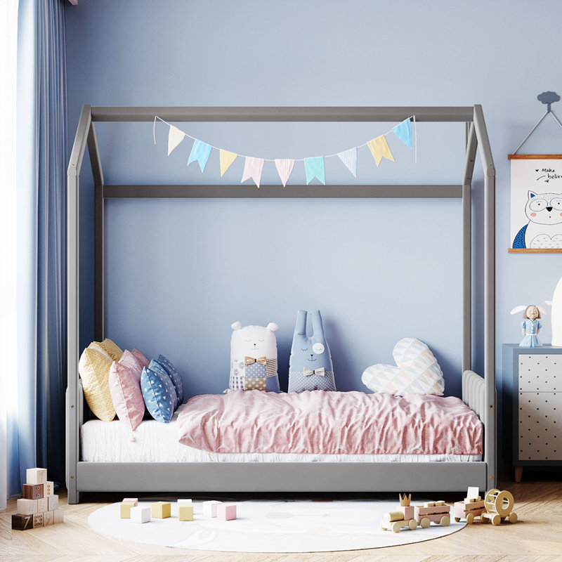 Lit en bois Velvet House, Lit simple, gris