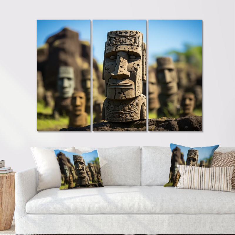 Art moderne brun, Moai Marvel, art asiatique I - Art mural asiatique, H 40 po x l 61 po, Toile tendue
