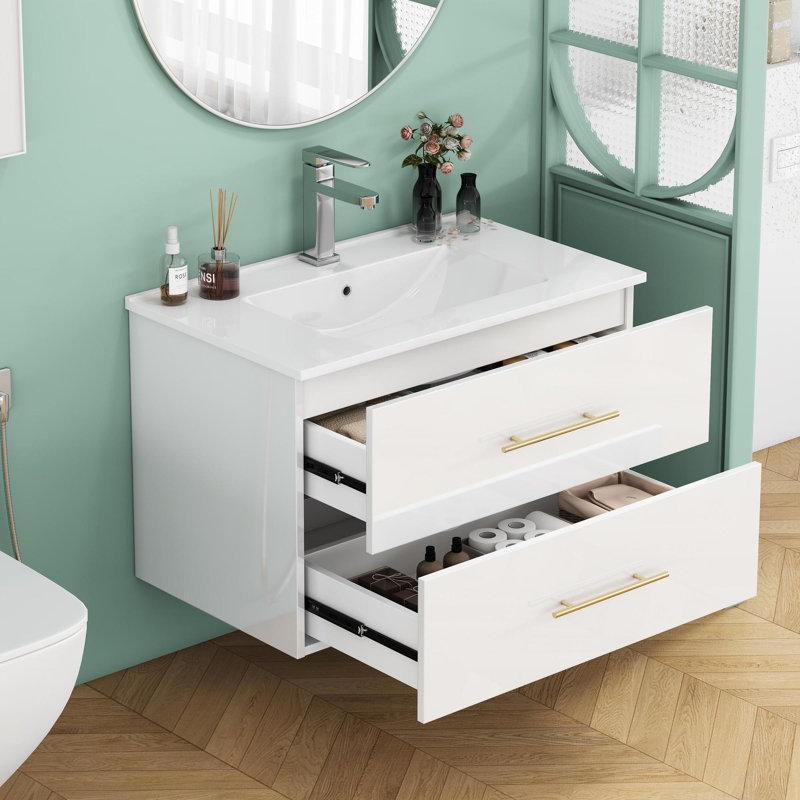 Meuble-lavabo mural élégant et raffiné de 30 pouces, 30", Blanc lustré