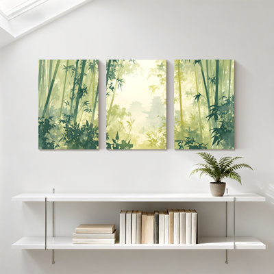 «Landscape & Nature Bamboo Forest Green Light Nature Peaceful Serene Tranquil Landscape», ensemble de 3 impressions sur toile