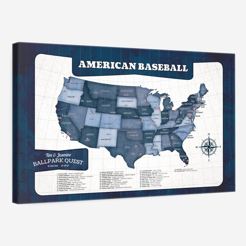 Personalized Baseball Push Pin Hobby Map I, 16" H x 24" W, Yes