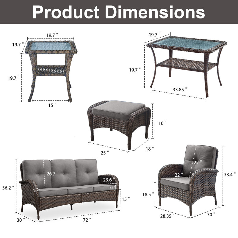 Gaetanino 7-Pieces Outdoor Conversation Set with Ottomans and Cushions, Gray