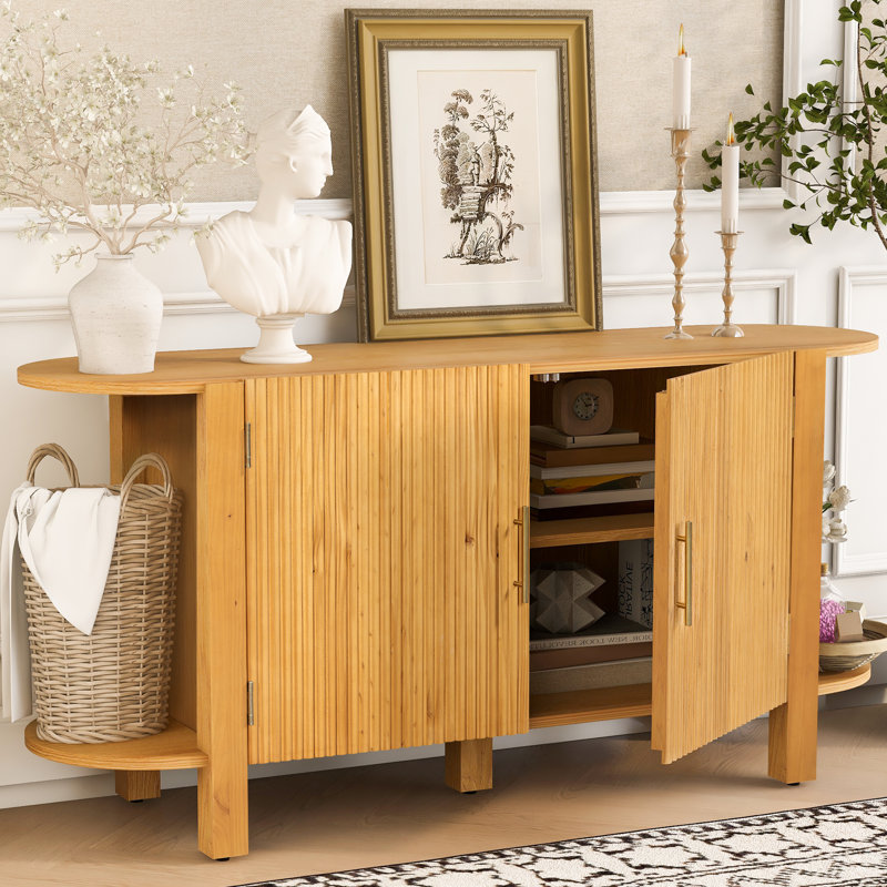 Buffet en bois avec tablettes, poignées en métal et armoire, Natural