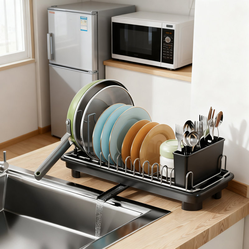 Compact Dish Drying Rack For Small Spaces, Adjustable Drainer With Efficient Water Drainage, Space-Saving Kitchen Counter Organizer