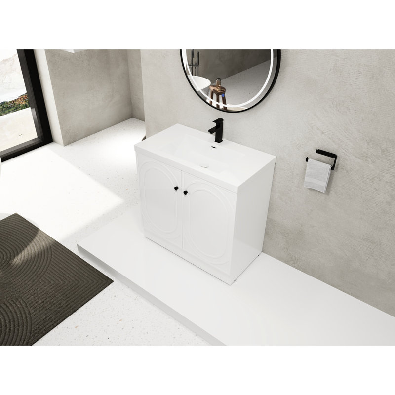 Meuble-lavabo autoportant 36 po en blanc avec lavabo en résine et porte à fermeture en douceur, Blanc, 36"
