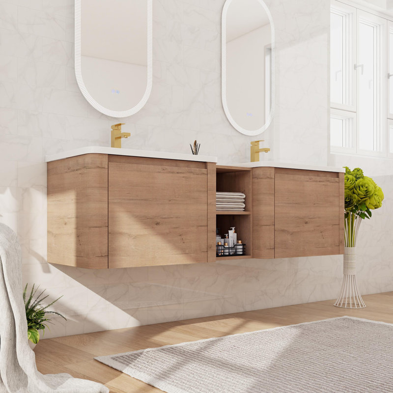 Meuble-lavabo double 68 po avec lavabo en céramique et meuble-lavabo mural 68 po, 68", Brun