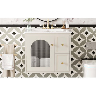Ensemble de meuble-lavabo mural de 24 pouces peu encombrant avec lavabo en céramique, 2 tiroirs et 1 porte à fermeture en douceur pour les petites salles de bain