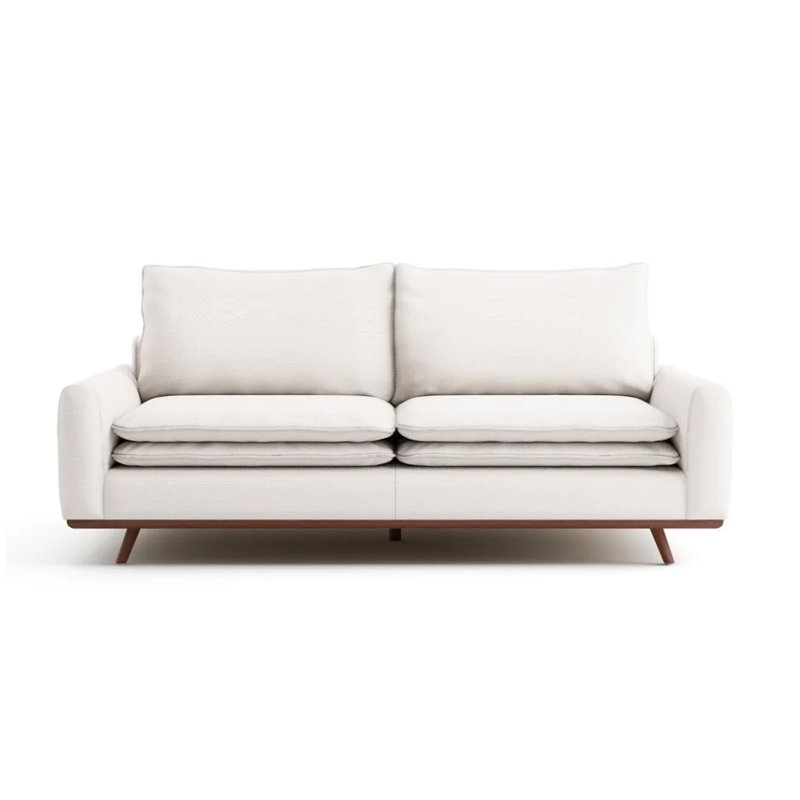 Canapé Yaana avec coussins en mélange de plumes, bois, 83 po, Blanc, Marron foncé