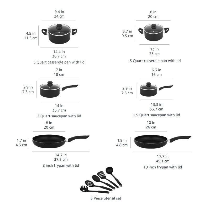 Ensemble de batterie de cuisine antiadhésive 15 pièces, sans induction, incluant les casseroles, les poêles et les ustensiles, noir