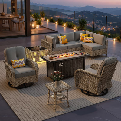 Sturgill 9-Piece Wicker Outdoor Sectional Seating Group With Lighted Coffee Table And Swivel Rocker Chairs,All Weather Patio Modular Conversation Set With Propane Fire Pit Table