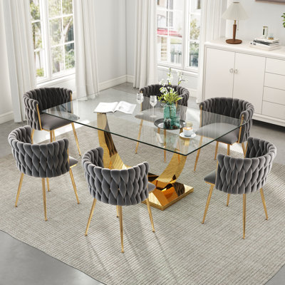 Rectangle Pedestal Dining Set with Woven Dining Chair