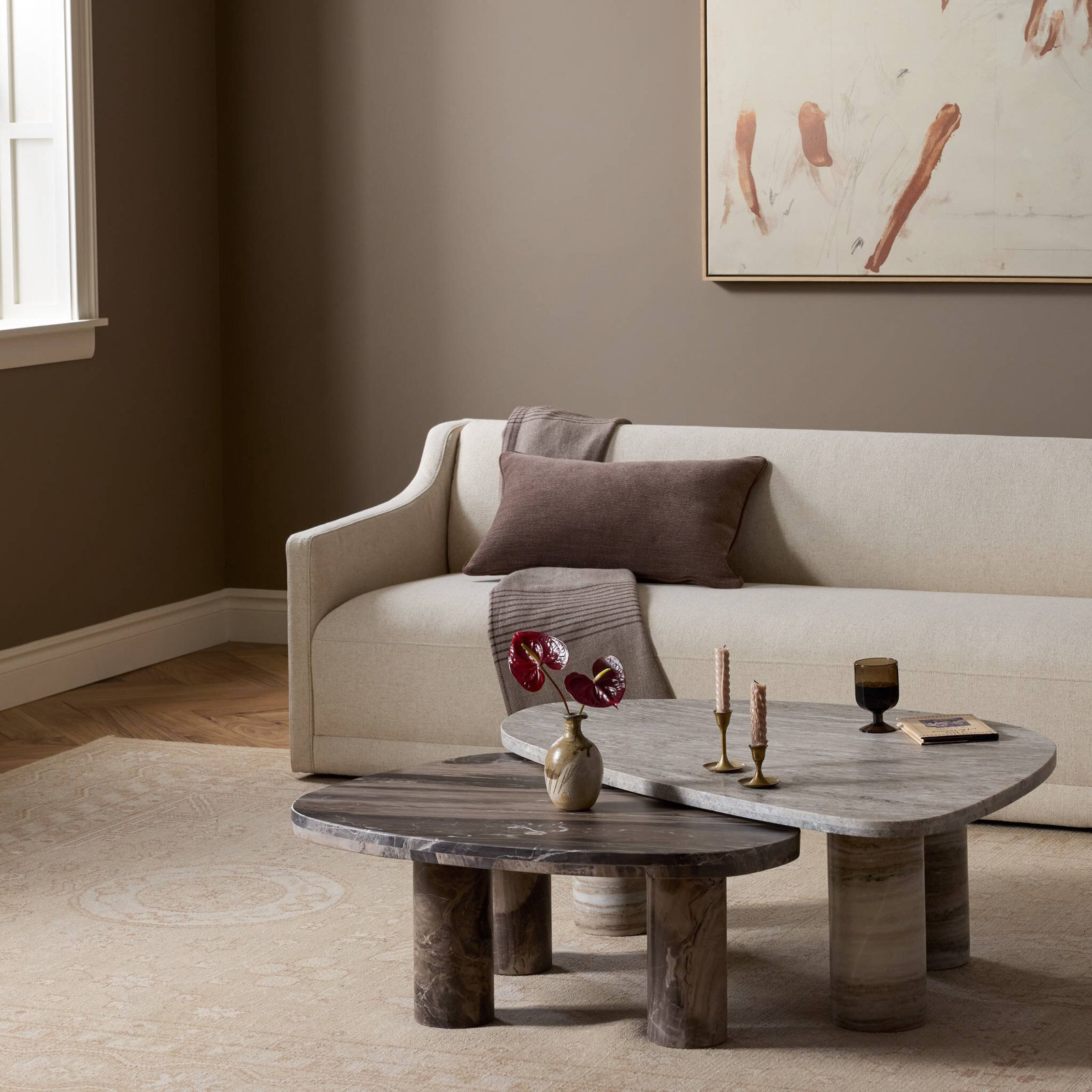 Katla 48" Genuine Marble Coffee Table Set, Antique White Marble/Rocky Brown Marble, White/Brown