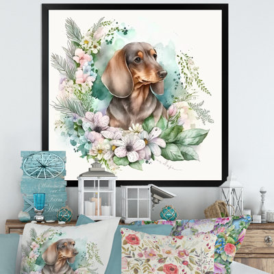 Adorable teckel à l'aquarelle avec fleurs III - reproduction sur toile