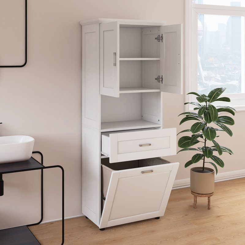 Armoire de rangement haute avec panier à linge, Blanc, H 69,8 po x l 24,6 po x P 16,4 po