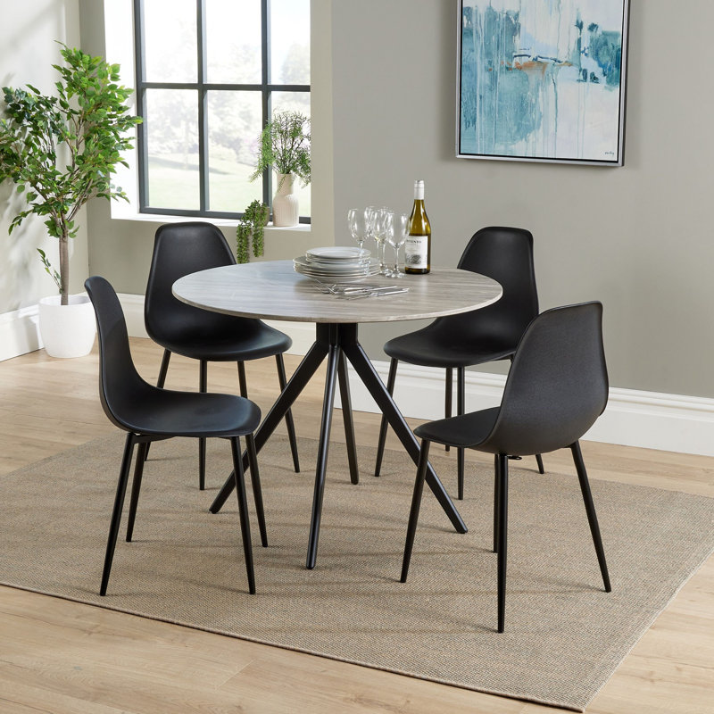 Aspen 5-Piece Casual Dining Set - Spacious Round Table & 4 Curved Plastic Chairs, Black, Grey