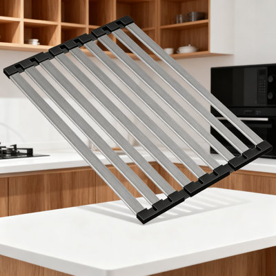 Roll Up Dish Drying Rack Over Sink, 304 Stainless Steel Foldable Drain Rack With Food-Grade Silicone, Multi-Functional Kitchen Sink Organizer And Countertop Trivet Mat