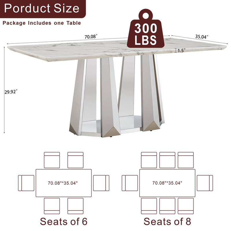 Table de salle à manger en marbre pour 6 personnes, table de salle à manger rectangulaire en faux marbre avec base en acier inoxydable à finition miroir, table de cuisine moderne en marbre de grande taille (table seulement)