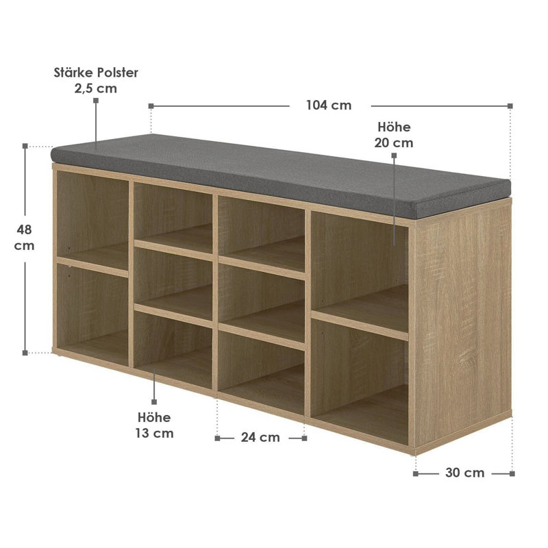 10 Pair Shoe Storage Bench, Light Brown