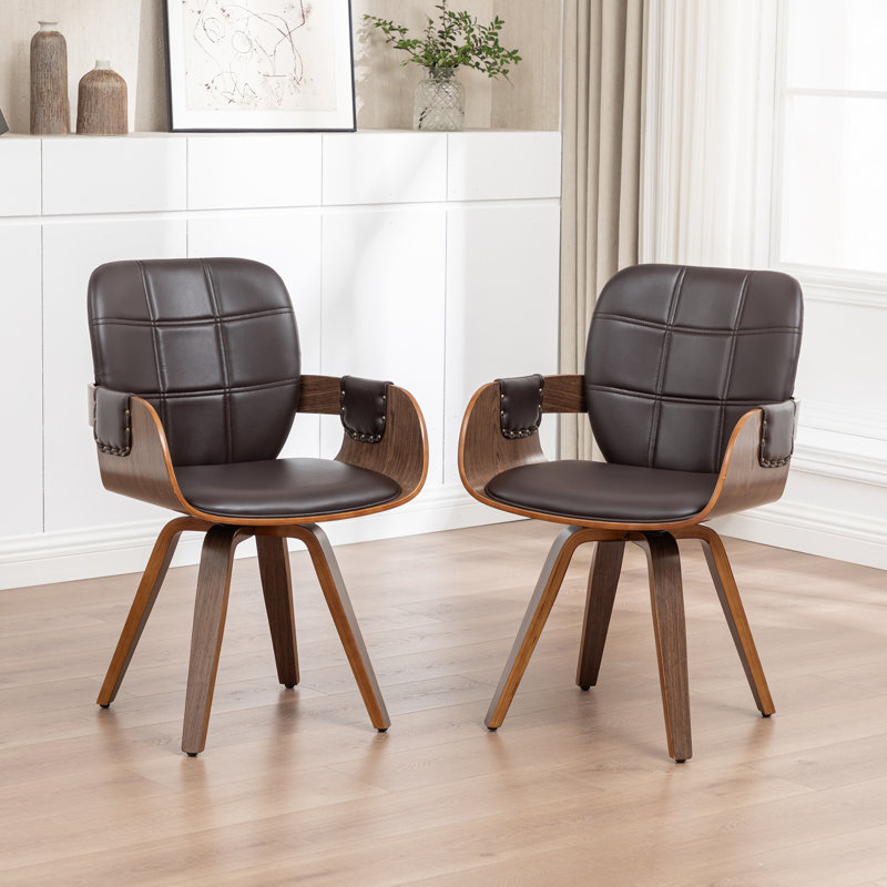 Braiden Set of 2 Swivel Faux Leather Bentwood Dining Chair, Brown