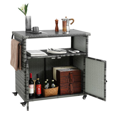 Outdoor Style Bar Table With Wheels And Glass Top - Brown For Pool Parties Stylish Drink Cart Backyard Entertaining