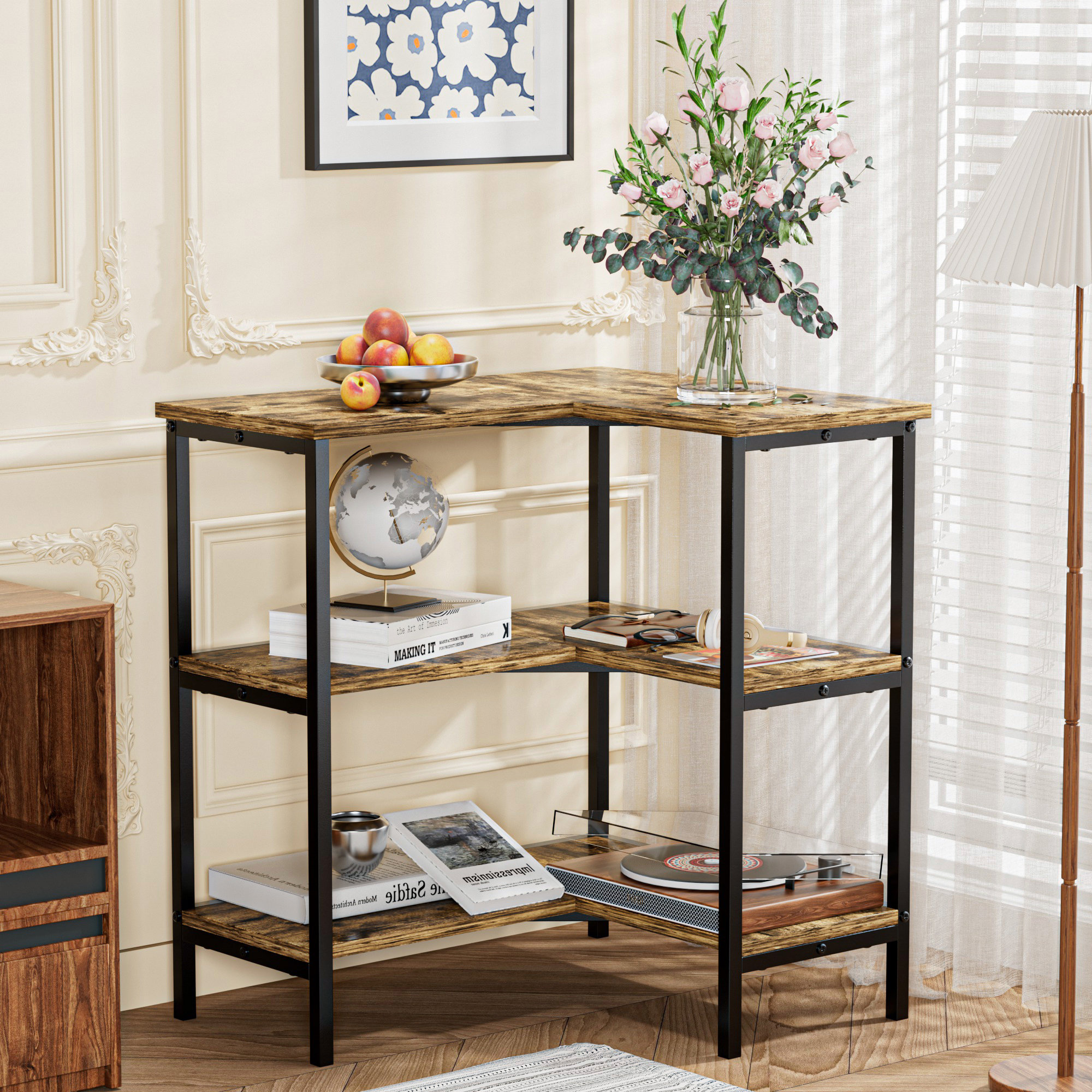 17 Stories 3-Tier Corner Bookshelf L-Shaped Bookcase