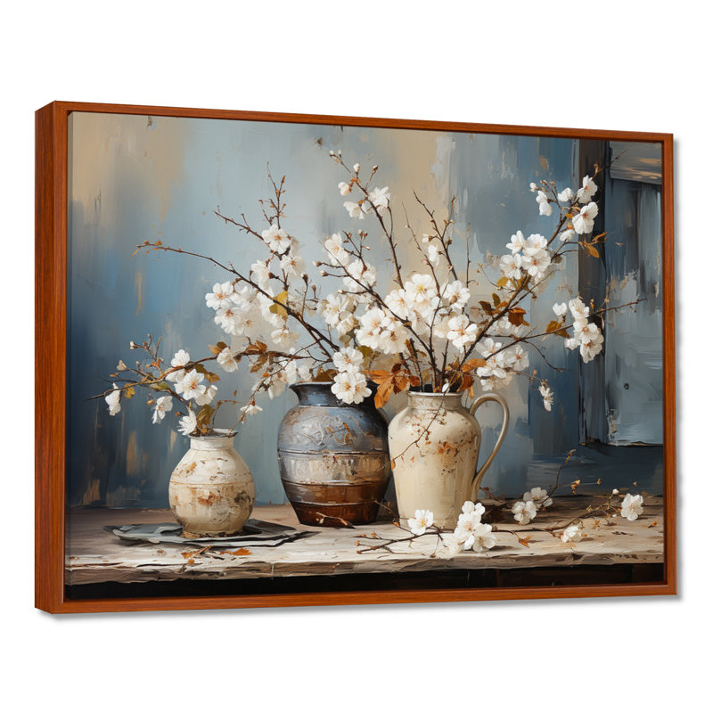 Art mural de poterie et de fleurs nature morte I, H 34 po x l 44 po, Reproduction avec cadre flottant, Brun