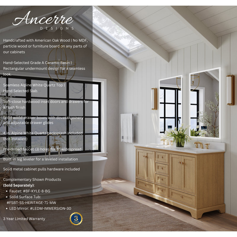 Audrey 60'' W Double Vanity, Pure White Quartz, Oak/Rose Gold