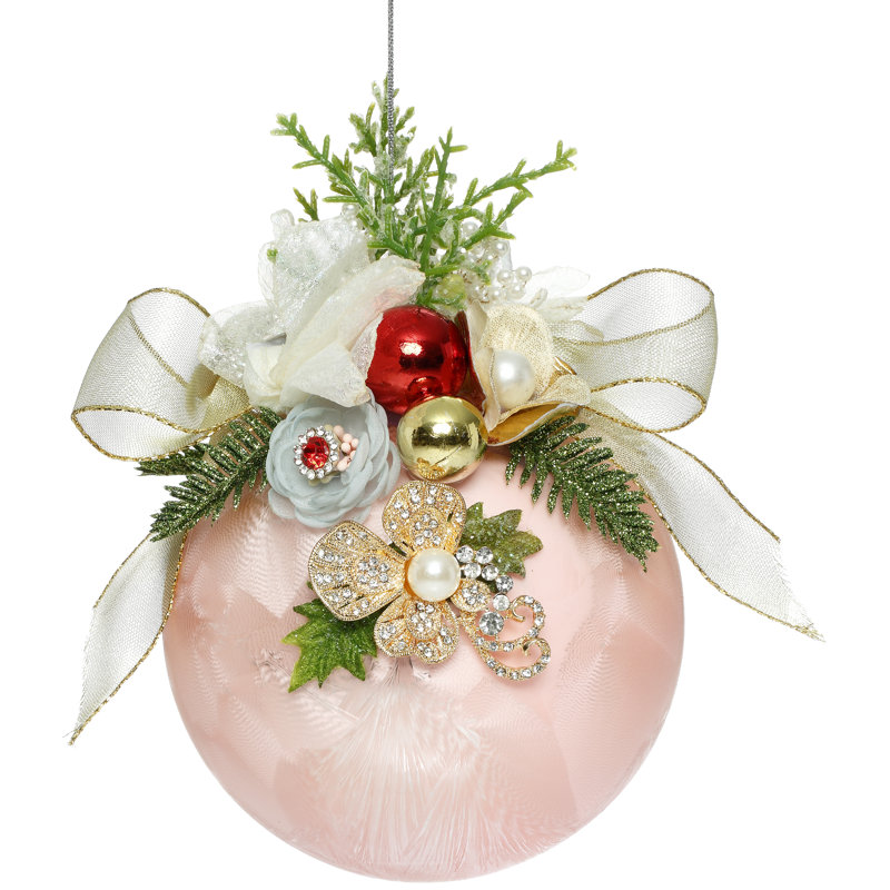Ornement floral boule à bijoux, givré, rose - 6 pouces