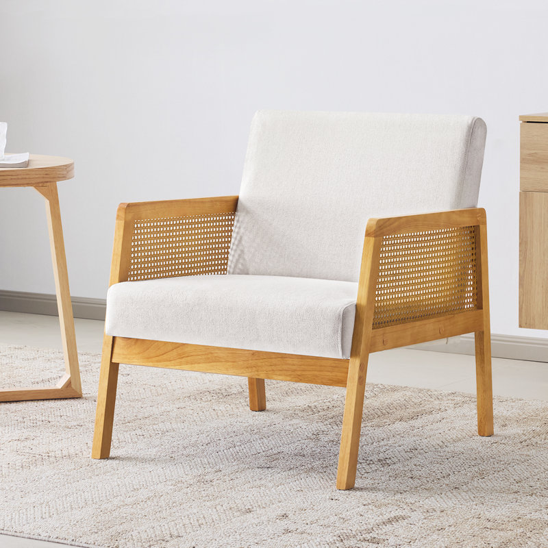 Chaise d'appoint Mid-Century rembourrée en bois avec accoudoirs en rotin, Lin beige