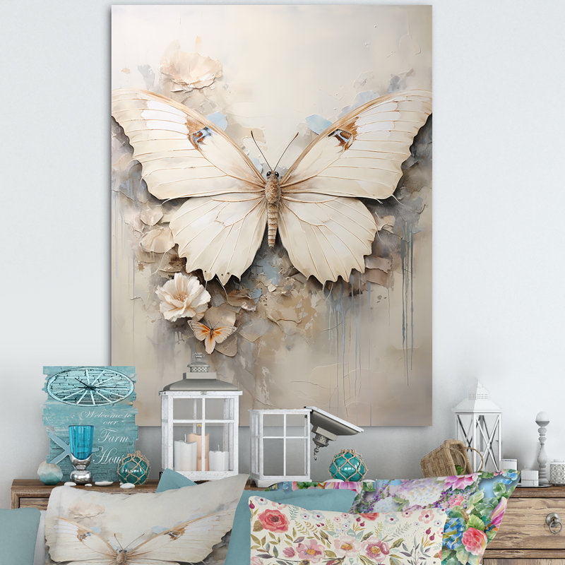 Minimalisme, papillon beige - art mural papillon, H 20 po x l 12 po x P 1 po, Toile tendue