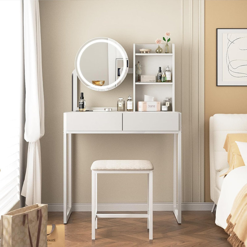 Meuble-lavabo de 31,5 pouces avec miroir rond éclairé à DEL, coiffeuse de chambre à coucher avec prise de courant