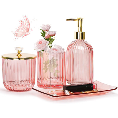 Pink Bathroom Accessories Set, 4 Pcs Glass Bathroom Accessory Sets, Soap Dispenser, Toothbrush Holder, Qtip Holder, Vanity Tray, Housewarming Dorm Apartment Decor Home Essentials Gift For Her