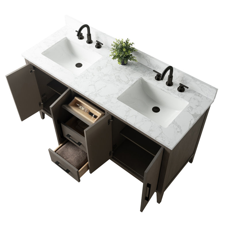 Ensemble de meuble-lavabo double 60 po, Noir mat, Bois flottant gris