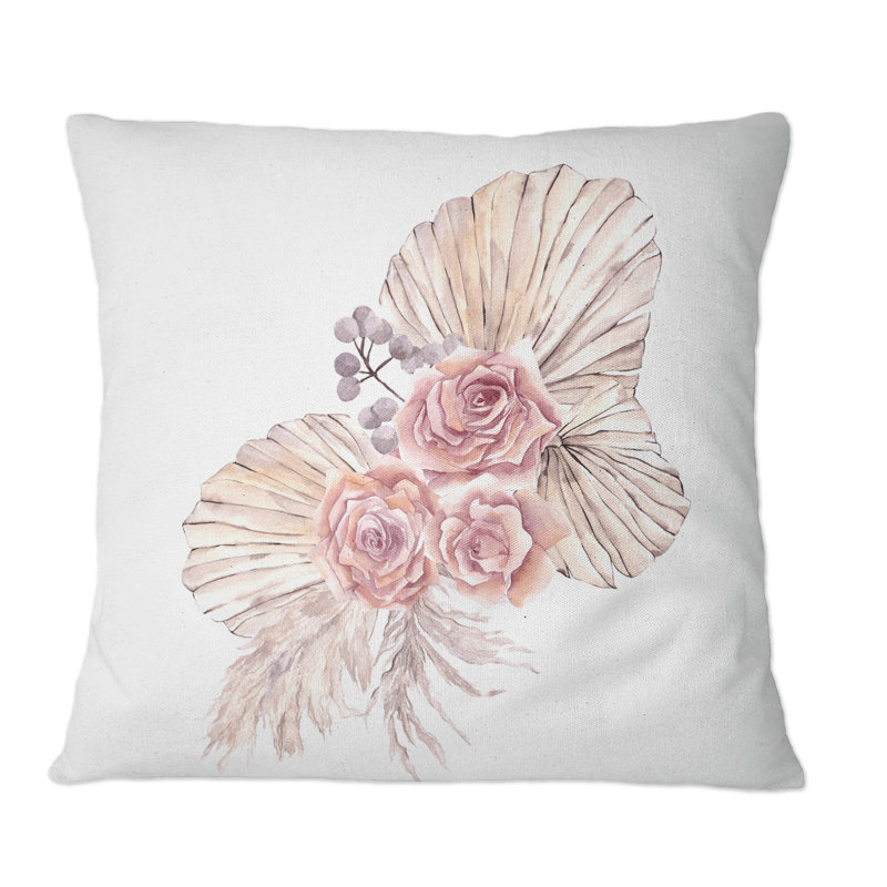Bouquet de fleurs séchées et de feuilles de pampas I - coussin décoratif traditionnel, 16 po x 16 po