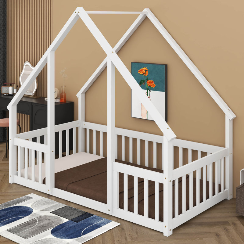 Amarionna Wood House-Shaped Floor Bed with Fence, Guardrails, White, Full / Double