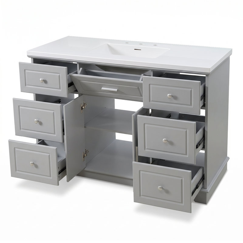 Meuble-lavabo simple de 122 cm (48 po) avec comptoir en surface solide intégré, armoire de rangement à 7 tiroirs, portes à fermeture amortie, style traditionnel autoportant