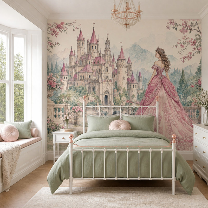Papier peint vert pâle, fresque murale de princesse de conte de fées, 200"x120", Non-Woven Nonpasted