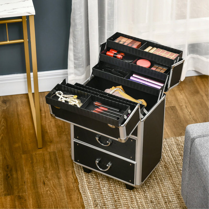 Trousse de train de maquillage roulant, grand chariot à cosmétiques de rangement, coffre de chariot de voyage verrouillable avec plateaux pliants, roues pivotantes et clés, noir