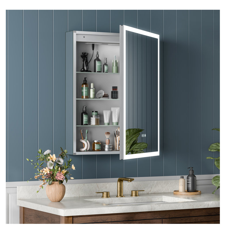 Recessed or Surface LED Mirror Medicine Cabinet, Defogger, Touch Sensor, 3 Colors, Dimmer, Outlets and USBs (Right Hinge)