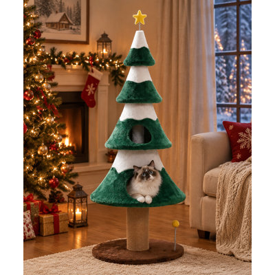 Arbre à chat de Noël de 157 cm avec griffoir, niche et plateformes à plusieurs niveaux
