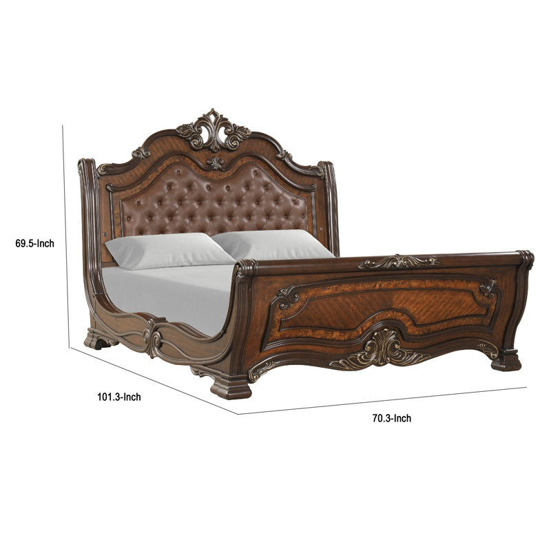 Grand lit Ruth, tête de lit en similicuir avec incrustations de ronce, brun acajou, Grand