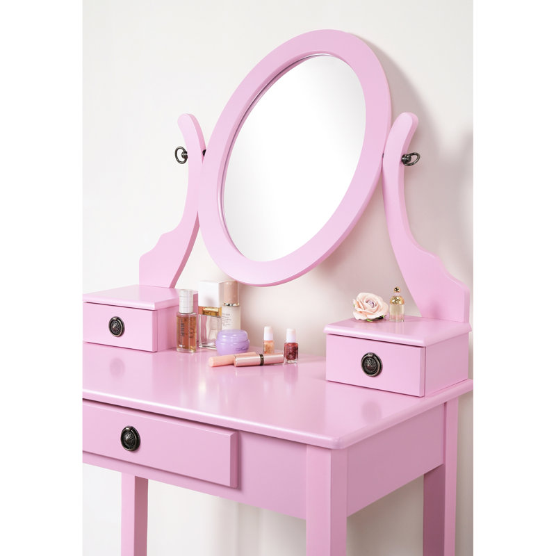 Chic Pink Vanity Desk - 3 Drawer Storage, Adjustable Mirror, Wood Construction And Stool Drawers, Oval Fashionable, Shine