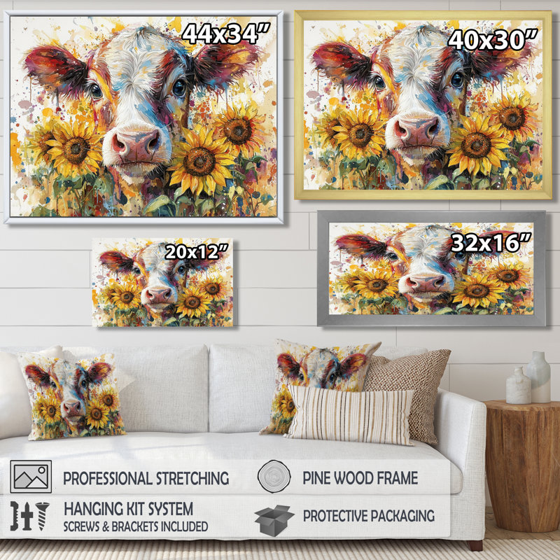 Vache, peinture avec tournesols I - vache, art mural, H 24 po x l 32 po, Cadre flottant, Noir