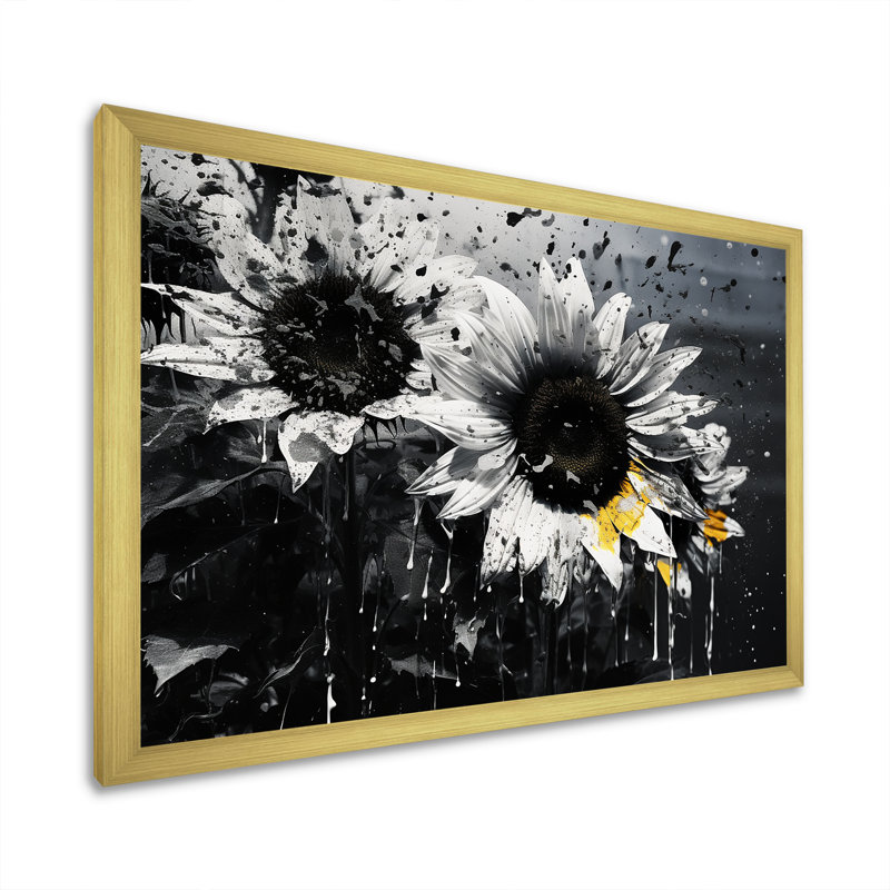 «Black and White Sunflowers Florescence» - art mural toile de tournesols, H 30 po x l 40 po x P 1,5 po, Cadre doré simple