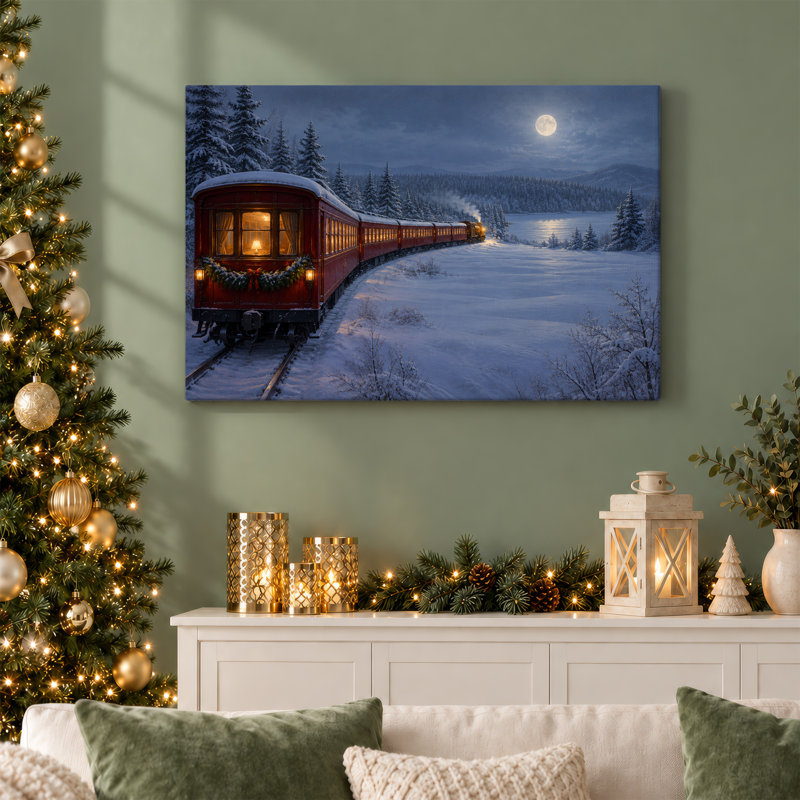 «Red Train in Snowy Forest Under Full Moon Christmas», art mural sur toile, 24"H x 36"W