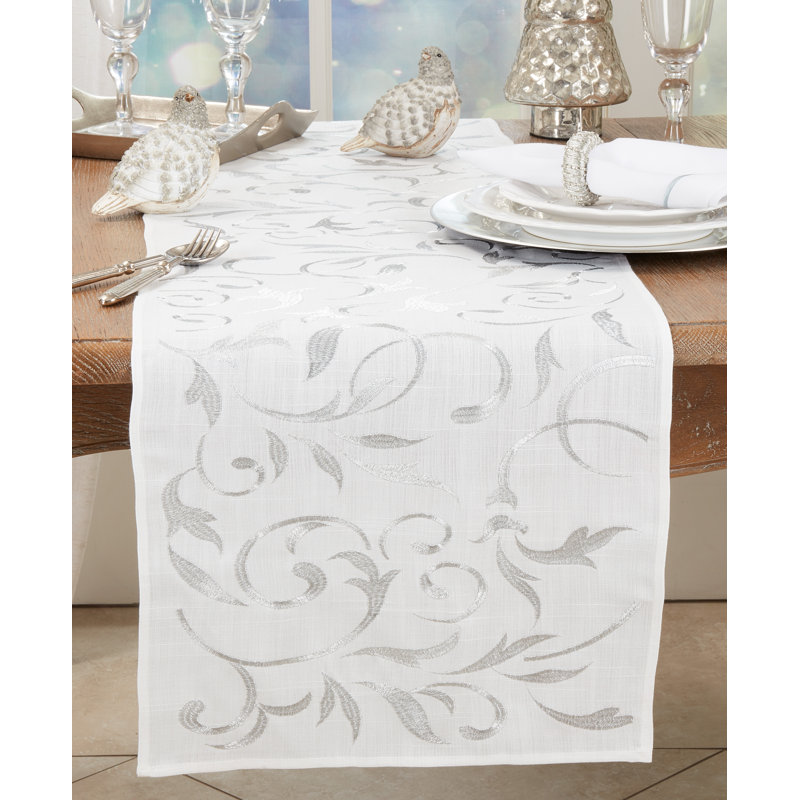 Silver Botanical Embroidered Leaves Polyester Table Runner