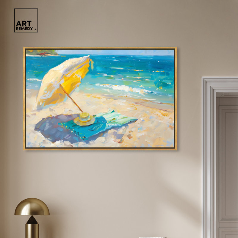 Morning Beach View Colorful Coastal Canvas Wall Art with Gold Frame
